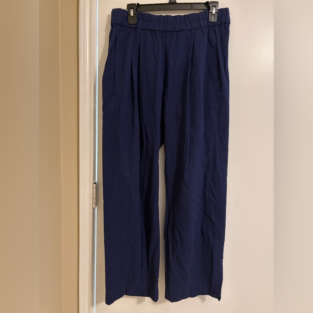 Eileen Fisher Navy Elastic-Waist Textured Pants